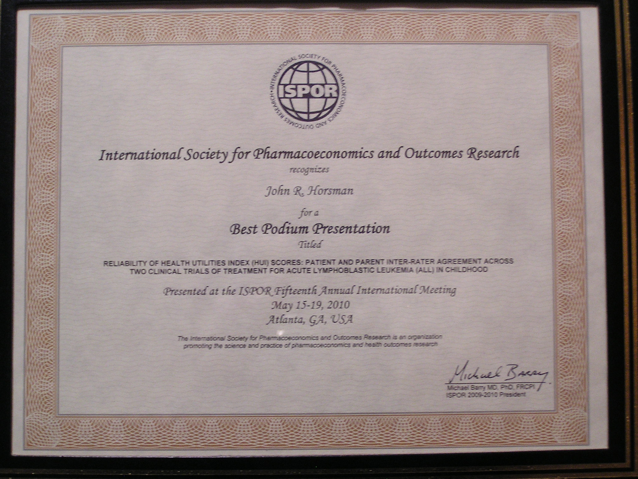 ISPOR 2010 International Congress Best Podium Presentation certificate